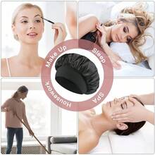1 Double-Sided Silky Satin Hair Cap With Wide Brim, Double-Wearing Cap, Super Large Size (Black) Suitable For Sleeping To Protect Hair - 黑色 - 查看 6