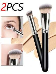 2/1 件全新无缝不吸收化妆刷套装：斜角遮瑕刷、扁平粉底刷、眼影刷、软毛化妆刷 - 黑色 - 查看 1