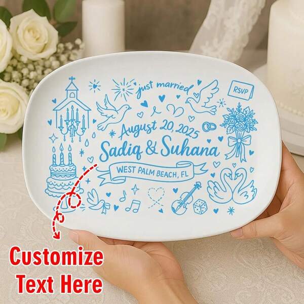 Custom Wedding Platter – Personalized Just Married Gift With Names, Date & Location – Engagement Or Anniversary Keepsake Plate, DECOR Only
