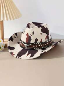 1pc Unisex Polyester Cow Print Cowboy Hat - Leather Rivet And Cow Skull Decor, Suitable For Horseback Riding, Outdoor Travel, Cowboy Party And Daily Wear - Multicolor - View 9