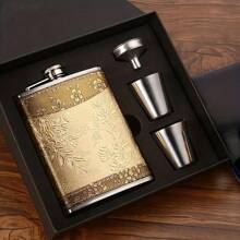1 Set Stainless Steel Gold Floral Pattern Liquor Flask Set, Portable Alcohol Bottle, Fashionable Unisex Wine Bottle, Elegant Texture, Stainless Steel Soft Leather Packaging Flask, Suitable For Whiskey, Rum And Vodka, Great Gift For Men And Women