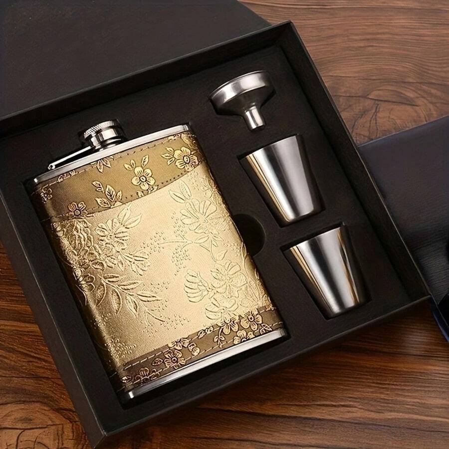 1 Set Stainless Steel Gold Floral Pattern Liquor Flask Set, Portable Alcohol Bottle, Fashionable Unisex Wine Bottle, Elegant Texture, Stainless Steel Soft Leather Packaging Flask, Suitable For Whiskey, Rum And Vodka, Great Gift For Men And Women