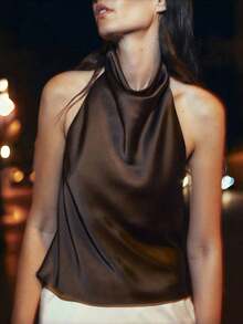 Women Satin Halter Tops Open Back Hidden Button Crop Tops Elegant Cowl Tank Tops Summer Sleeveless Loose Vests Solid Color Going Out Shirt Streetwear - Brown - View 10