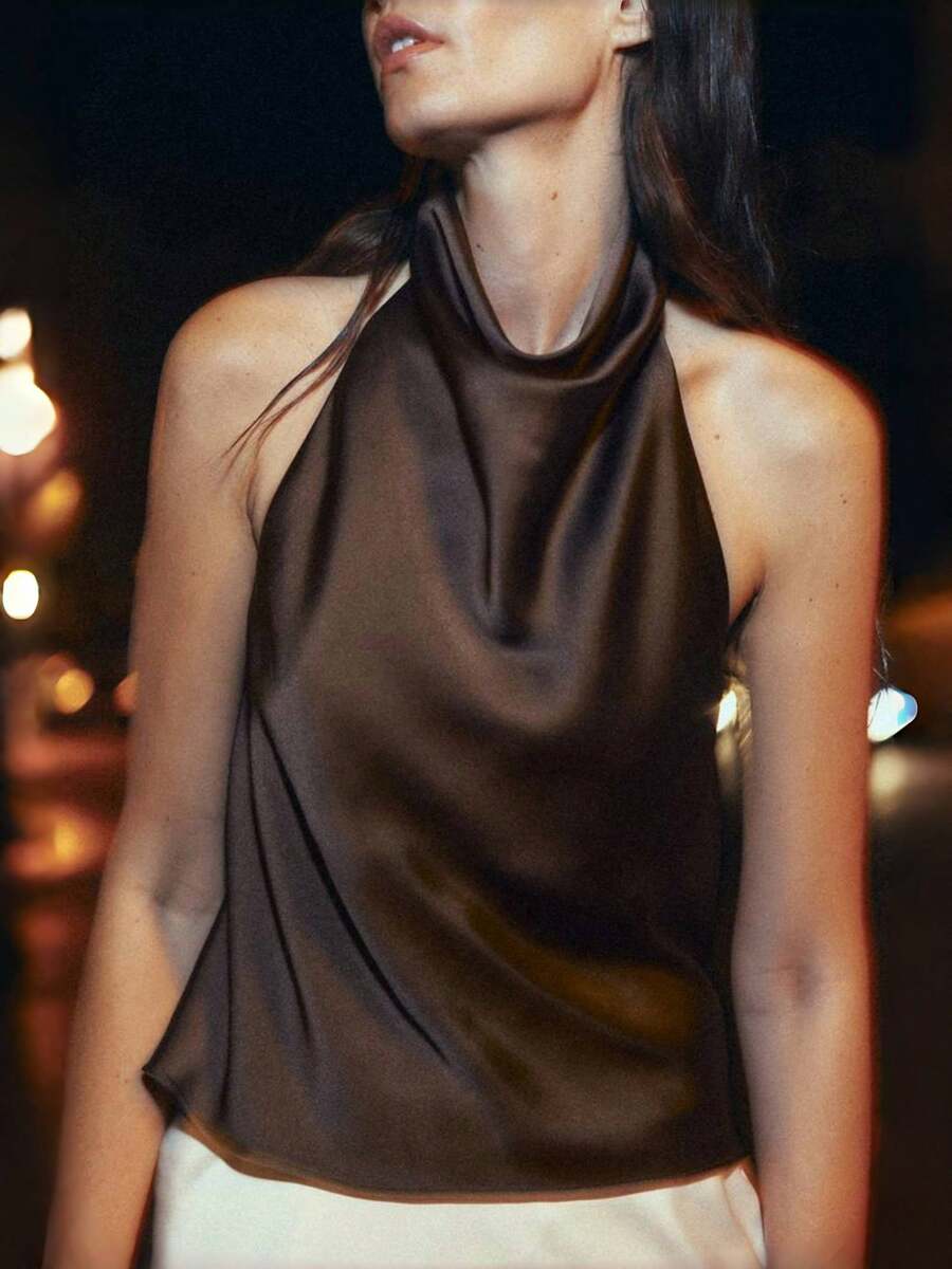 Women Satin Halter Tops Open Back Hidden Button Crop Tops Elegant Cowl Tank Tops Summer Sleeveless Loose Vests Solid Color Going Out Shirt Streetwear - 棕色 - 查看 1