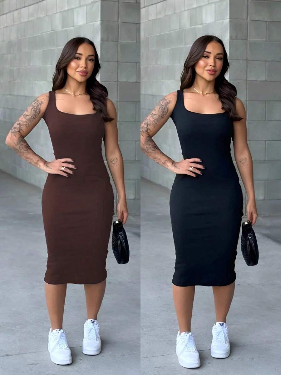 Kit With 2 Ribbed Tank Dress Midi Backless Tube Top Tight Fitting Gringa Shaper With Straps - Đen/Nâu - Xem 1