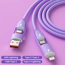 4-In-1 Liquid Silicone Multifunctional Super Fast Charging USB A/Type-C/Lightning LED Lighting Cable, Efficient Data Transfer Compatible With IPhone 16/15/14/13/12/11/Xs/Xr/8/7/6, S24 Ultra/S24/S23 Ultra/S23/S22/S21, Universal Data Cable Compatible With IPhone, Android, Camera, MP3 Universal Adapter Charger