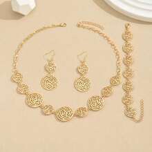 4 peças/Conjunto Conjunto de Joias Pulseira, Colar e Brincos com Elos Circulares Ocos em Estilo de Teia de Aranha Elegante e da Moda, Adequado para Mulheres como Presente, Férias e Uso Diário