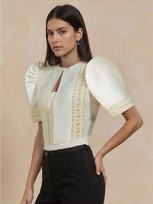 Amyenjoylife 现代菲律宾风情衬衫，蝴蝶袖菲律宾风情衬衫，女士时尚优雅拼接泡泡袖衬衫，香槟色上衣 - 香檳色 - 查看 5