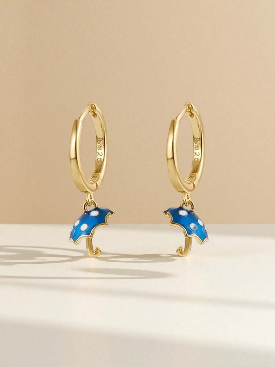 1 Pair Cute Small Blue Enamel Umbrella Pendant 925 Sterling Silver Earrings – Perfect For Ladies' Daily & Holiday Party Wear | Ideal Birthday, Halloween & Christmas Jewelry Gift