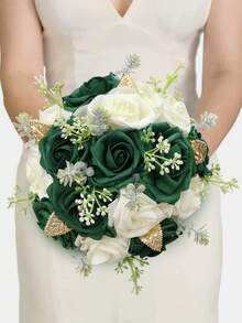 1pc Elegant Dark Green Rose Bouquet With Golden Leaves Satin Ribbon, Rustic Bridal Bouquet For Wedding, Bridesmaid, Garden Ceremony, Artificial PE Foam Rose Bouquet, Everlasting Flower PE1116D - 直徑17cm 高23cm - 查看 2