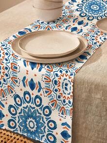 1pc Vintage Geometric Pattern Printed Linen Table Runner, Suitable For Holidays, Parties, Birthdays, Dinners, Kitchen & Dining Room Decor, Dresser & Cabinet Cover, All Season Home Decor - Multicolor - View 3