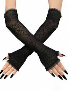 1 双女式蜘蛛网手套，透明蜘蛛网蕾丝无指手套，亮片蜘蛛网长手套，适合万圣节派对角色扮演秋冬秋季臂套 - 黑色 - 查看 1