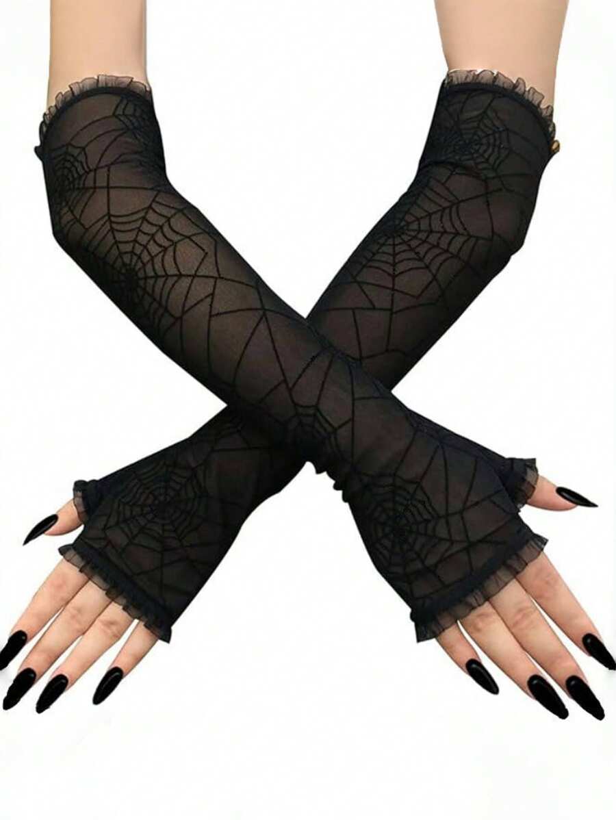 1 双女式蜘蛛网手套，透明蜘蛛网蕾丝无指手套，亮片蜘蛛网长手套，适合万圣节派对角色扮演秋冬秋季臂套 - 黑色 - 查看 1