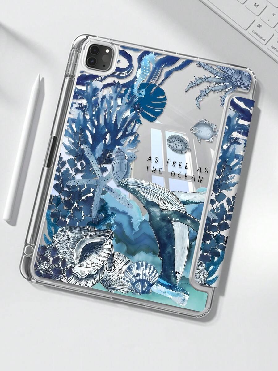 The Beautiful And Cute Cartoon Marine Animals, Whales, Sharks, Starfish, Shells And Seahorses, With Double-Sided Painted Acrylic Transparent Crystal Back Cover, Are Shockproof And Suitable For IPad 7th Generation, 8th Generation (10.2 Inches) And 10th Generation. It Has A Built-In Pen Slot And Supports Sleep And Wake-Up Functions/Multiple Folding Stand Methods. These Are Festival Gifts And New Year Gifts