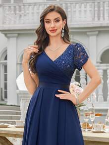 MIUSOL Contrast Sequin Lace V-Neck Petal Sleeve Pleated Hem Evening Party Long Dress, Summer Midi Dress, Wedding Guest Party Dress