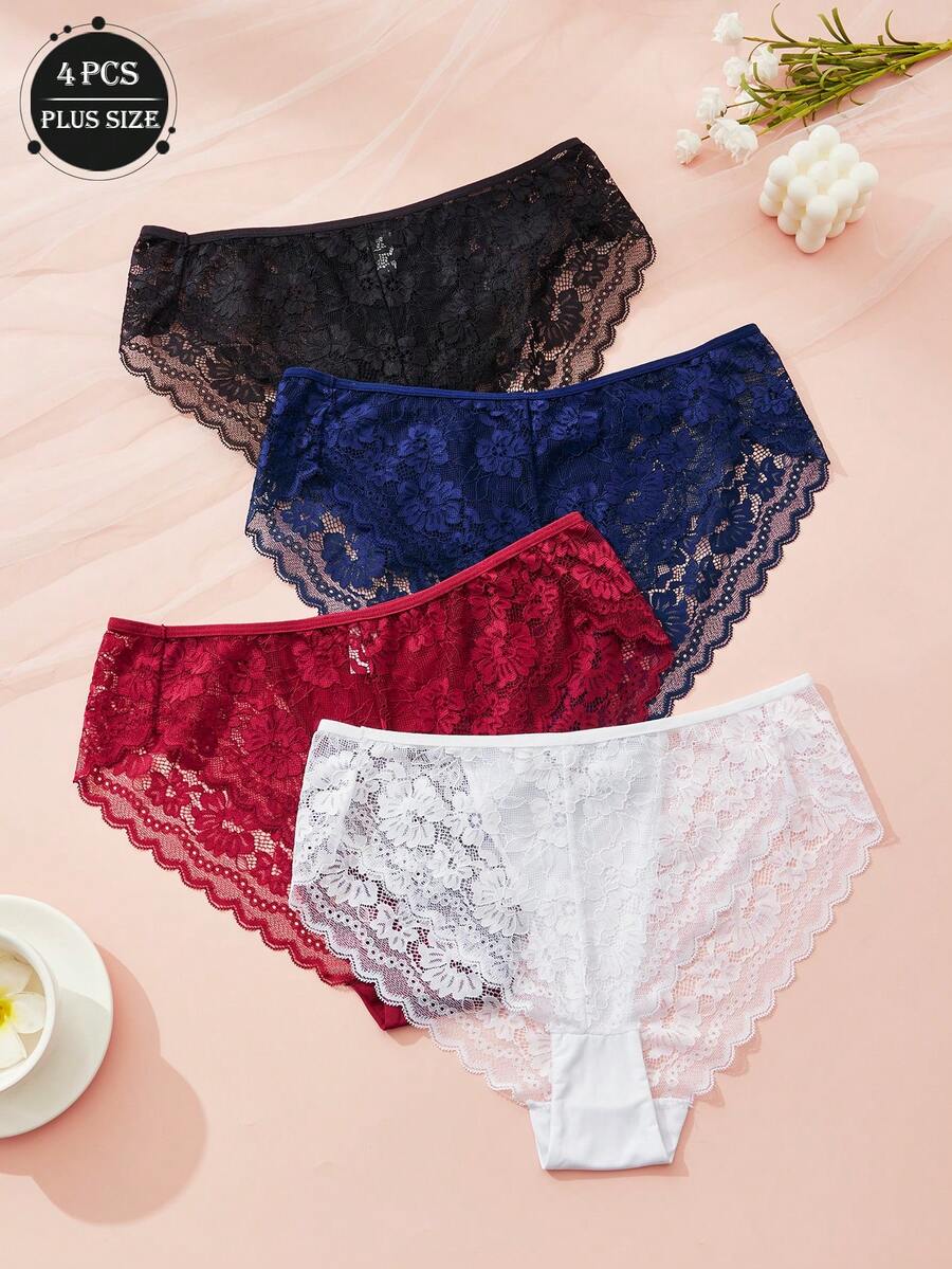 4 sztuki jednokolorowych, seksownych, koronkowych, wyciętych, półprzezroczystych damskich spodni plus size z trójkątną talią, dojrzałego uroku, retro, francuskiej, romantycznej, słodkiej bielizny, swobodnych i wygodnych, lekkich, miękkich, jedwabistych, całorocznych majtek, odpowiednich do domu, podróży, na imprezy, na prezenty