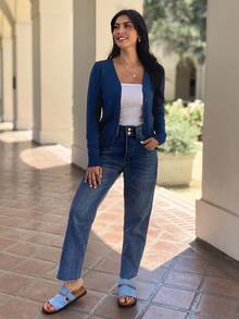 EMERY ROSE Single Breasted Long Sleeve Cardigan - Blue - View 4