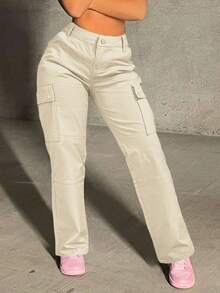 GILIPUR New Apricot Women's Cargo Wide Leg Pants, Multi-Pocket Design, Retro Elegant, Suitable For Casual Daily Wear, Spring, Autumn, Winter, Also Suitable For New Year, Valentine's Day And Other Holidays. Can Also Be Given As A Gift. Suitable For Outings, Dates And Office Wear. - Apricot - View 9