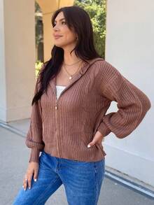 EMERY ROSE Drop Shoulder Zip Up Hooded Cardigan,Long Sleeve Tops - Redwood - View 2