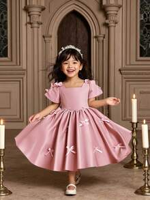 Girls' Satin Bow Decor Dress, Elegant Flower Girl Dress For Wedding, Pageant, Performance