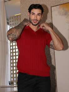 Men's Chic Lightweight Textured Knit Sweater Shirt, High Quality, Perfect For Autumn And Winter, Father's Day. - 紅色 - 查看 3