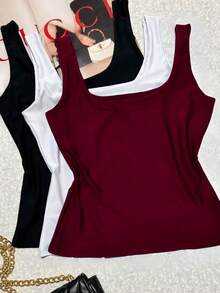 Kit Of 3 Women's Tank Tops, Summer, Suplex, Double Lining, Basic, Plain - 黑葡萄酒和白葡萄酒 - 查看 1