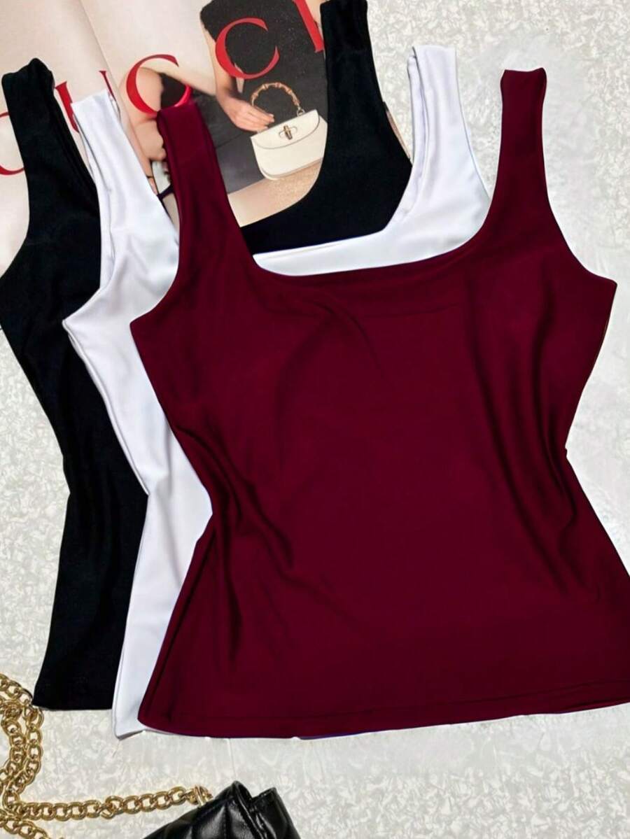 Kit Of 3 Women's Tank Tops, Summer, Suplex, Double Lining, Basic, Plain - 黑葡萄酒和白葡萄酒 - 查看 1