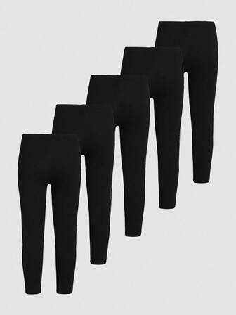5pcs Set Of Fashionable And Cute Pure Black Casual Sports Leggings For Young Girls, Knitted Soft And Comfortable Versatile Girls Leggings, Suitable For Spring, Summer, Autumn, Winter Seasons, Outdoor Activities, Yoga, Dance, Running, Cycling And Daily Wear