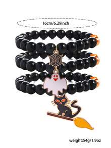 3 peças/Conjunto Pulseira Gótica de Halloween, Conjunto de Pulseira com Pingente de Vidro, Acrílico, Zircônia Cúbica em Formato de Abóbora, Fantasma, Lápide, Cruz, Gato Preto, Teia de Aranha, Milho de Doce, Adequado para Homens e Mulheres, Uso Diário, Festa de Halloween, Presente de Festival