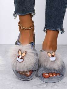 Cute Rhinestone Rabbit Plush One-Toe Open Slippers For Women, Soft Comfortable Warm Non-Slip Indoor Home Slippers, Autumn/Winter New - Grey - View 3