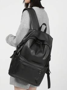 peach tree 1 件简约纯色背包，多功能校园风格，大容量可容纳 12 英寸平板电脑，PU 笔记本电脑背包，适合学校、旅行，黑色，防水，流线型设计，男女通用，户外、商务、健身，送给男朋友、爸爸的礼物