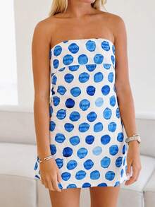 Women's Bandeau Mini Skirt Ocean/Polka Dot Print Sleeveless Open Back Fold Collar Short Dress Summer Streetwear For A Beach Holiday - 藍色 - 查看 2
