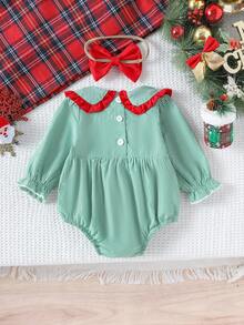 1pc Baby Girls' Cute Santa Claus Green Long Sleeve Bodysuit, Lightweight For Autumn/Winter - Green - View 2