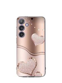 1pc Glitter Diamond Heart Transparent Soft Phone Case, Compatible With Samsung Galaxy A04e/12/A13/A14/A34/A50/A52/A53/A54/S21/S22/S23/S24/S25/S25Ultra, Flat Print Pattern, Not Moissanite