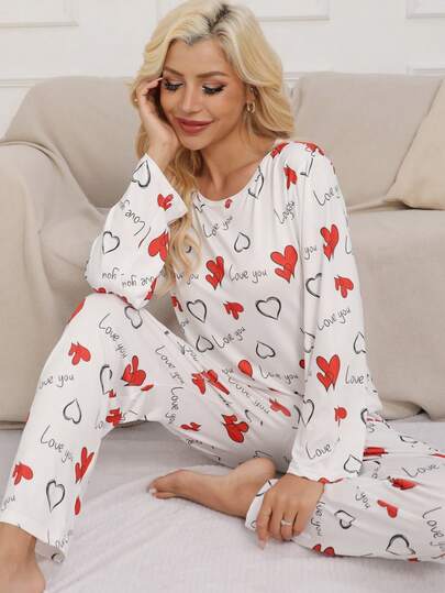 2 piezas Conjunto de pijama de mujer de manga larga, con estampado de corazón, cuello redondo casual de punto de poliéster con gráfico "Te amo", adecuado para primavera y otoño, pantalón de pijama de adulto, ropa de otoño, conjuntos cómodos