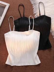 ブラック＆ホワイト リブ編みキャミソール2枚、ブラパッド内蔵シームレス下着、調節可能なスパゲッティストラップタンクトップ、ベースレイヤーまたはウェアとして最適な女性用 - マルチカラー - チェックする 1