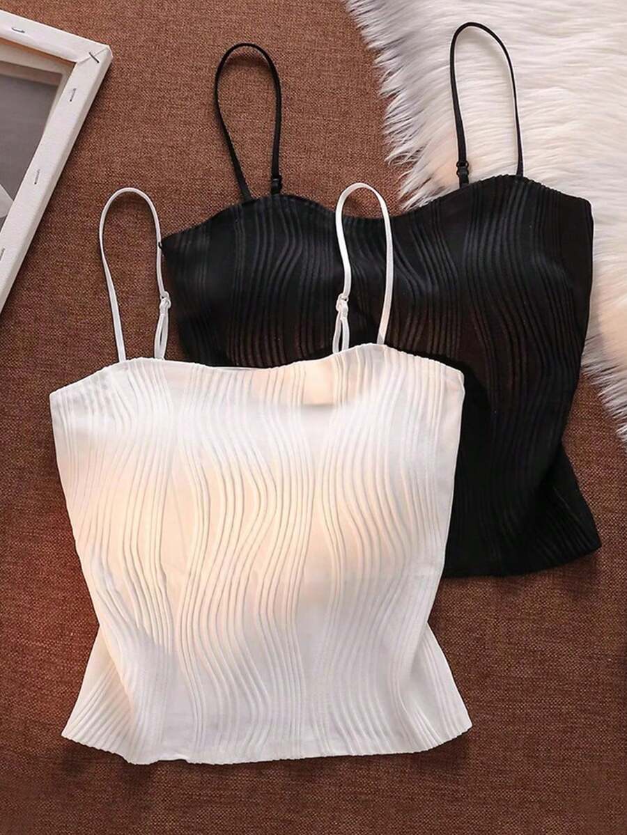 ブラック＆ホワイト リブ編みキャミソール2枚、ブラパッド内蔵シームレス下着、調節可能なスパゲッティストラップタンクトップ、ベースレイヤーまたはウェアとして最適な女性用 - マルチカラー - チェックする 1