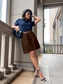 Basic Women's Bermuda Shorts With Marrant Fabric Buttons - Coffee Brown - View 2