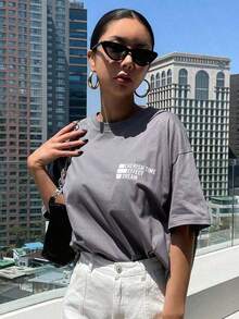 Women's Oversized Drop Shoulder T-Shirt With Graphic Lettering CHERISH TIME EFFECT DREAM LAUNCH - Dark Grey - View 3