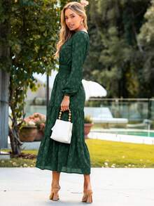 Womens Casual Long Sleeve Dress Fall Elegant Wedding Guest V-Neck Maxi Satin Floral Dresses 2025 - 墨綠色 - 查看 6