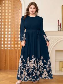 DEARCASE Plus Size Elegant Floral Print Balloon Sleeve A-Line Dress