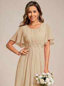 优雅刺绣荷叶边袖褶皱雪纺香槟色伴娘礼服、正式场合礼服、婚礼宾客礼服 - 香檳色 - 查看 6