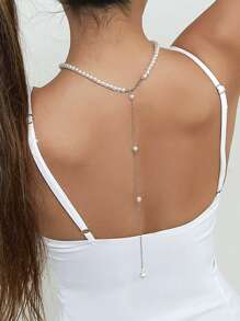 1PC Sexy Faux Pearl Silver Tassel Back Chain Is For Women, The Elegant Faux Pearl Y-Shaped Long Necklace Is For Women, The Fashionable And Pure White Wedding Party Jewelry Is For Women, The Back Chain Suitable For Women To Wear With Evening Gowns And Skirts, And For Women To Wear At Parties