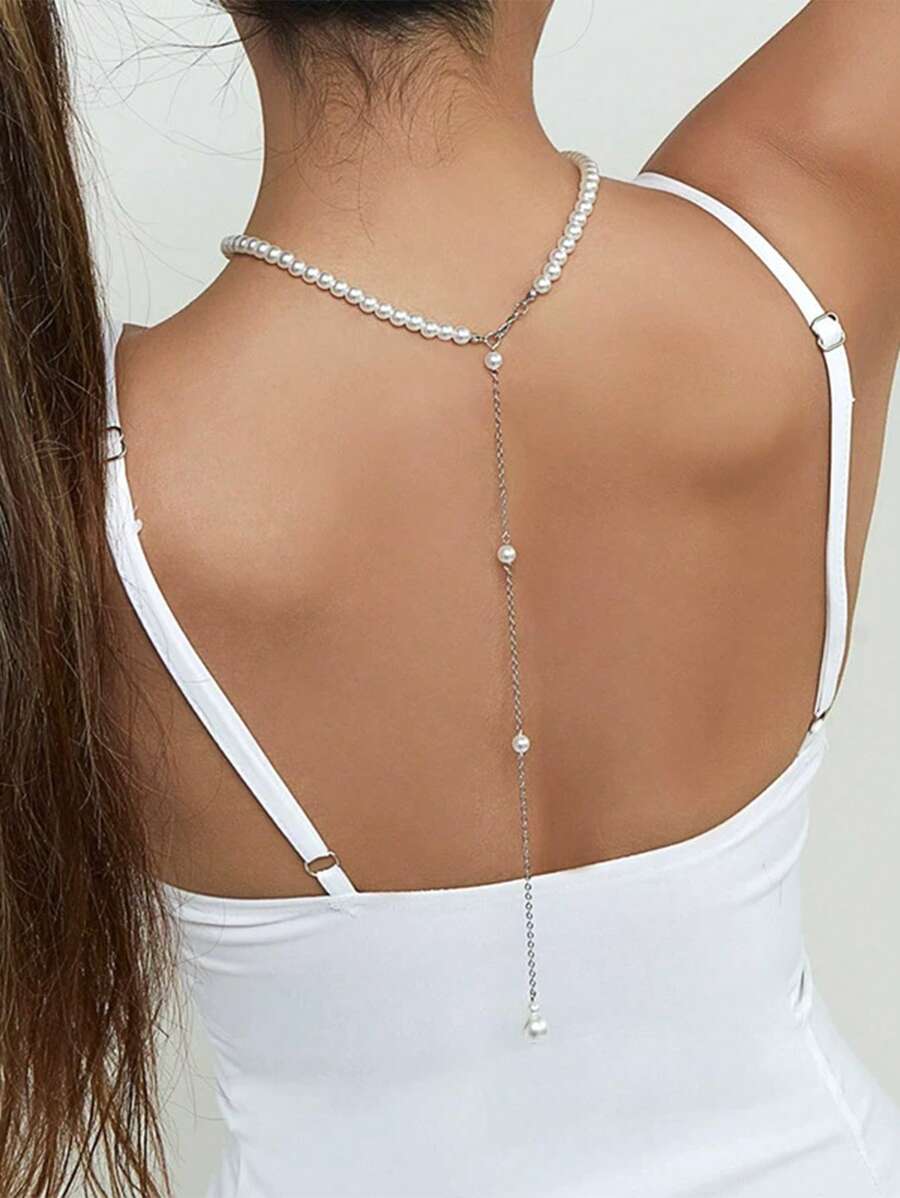 1PC Sexy Faux Pearl Silver Tassel Back Chain Is For Women, The Elegant Faux Pearl Y-Shaped Long Necklace Is For Women, The Fashionable And Pure White Wedding Party Jewelry Is For Women, The Back Chain Suitable For Women To Wear With Evening Gowns And Skirts, And For Women To Wear At Parties