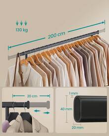 SONGMICS Portant à Vêtements avec Roulettes, Tringle Extensible pour Charge Lourde, Porte-manteau, Capacité de Charge 150 kg, 45 x (160-200) x 161,5 cm, Montage Facile, Argent/Noir - 45 x (160-200) x 161,5 cm (P x L x H) - Voir 8