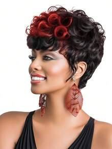 Black Short Pixie Cut Wigs For Black Women Short Wigs For Black Women Pixie Cut Curly Wig With Bangs Black Women Wigs - 黑色酒紅色 - 查看 10