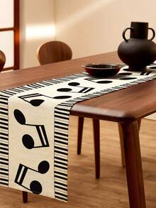 1pc Music Note & Piano Keyboard Pattern Linen Table Runner, Suitable For Holidays, Parties, Birthdays, Dinners, Kitchen & Dining Room Decor, Dresser/Cabinet Cover, All Season Home Decor - Multicolor - View 3