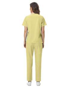 Spa Uniform Kasacks Damen atmungsaktiv weich Kurzarm Top gerade Hose Sets Beauty Salon Nageltechniker Arbeitskleidung Krankenschwester Uniform - Gelb - Übersicht 4