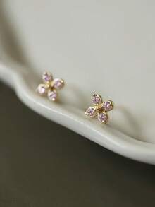 GAGAFEEL 2 PCS S925 Sterling Silver Sweet Cute Mini Purple Zirconia Petal Earrings For Women Daily Wear Birthday Gifts Jewelry Gifts