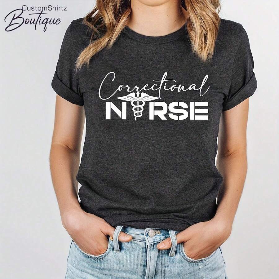 Correctional Nurse Shirt, Corrections Nurse Shirt, Inmate Nurse Crewneck Sweatshirt, Correctional Officer Shirt, Nurse Pracioner TshirtPrint Funny T-Shirt Ladies Summer Short-Sleeved Street Spring Women's Clothing Dress Comfortable Ladies CasualWomen's Solid-Colored Boat Collar Short-Sleeve One-Piece Shirt, Suitable For Summer Wear With Printed Shirts, Ladies' Tops, And Printed Short Sleeves - Black - View 1